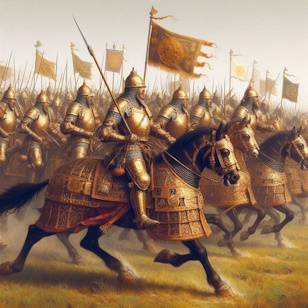 A painting of a great army trotting into battle